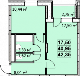 Однокомнатная квартира 42.35 м²