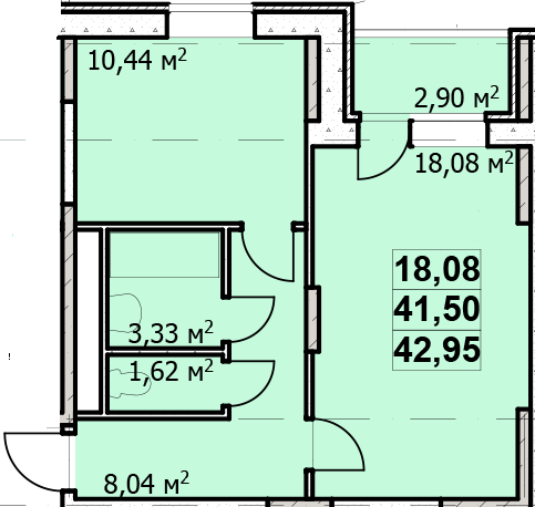 Однокомнатная квартира 42.95 м²